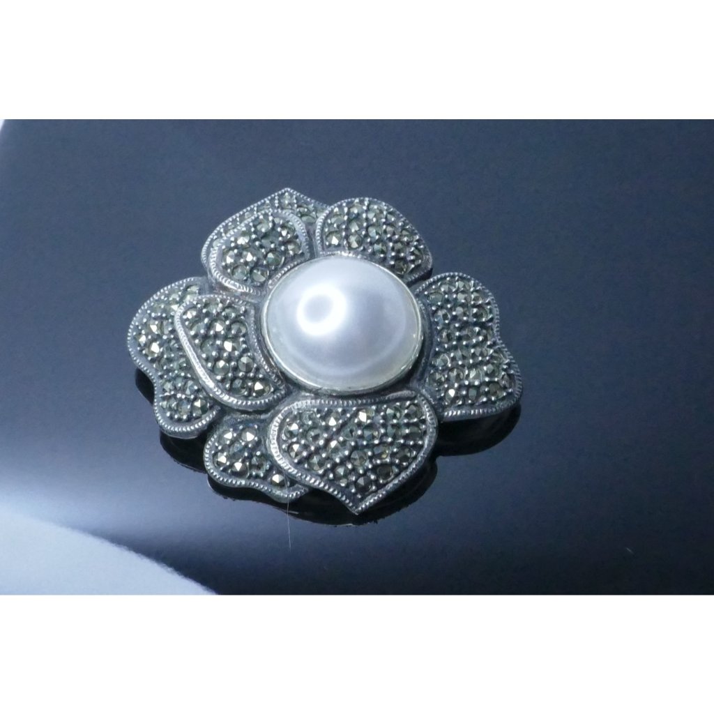 Big Bold Signed Judith Jack Sterling Silver Marcasite Faux Pearl Flower Brooch